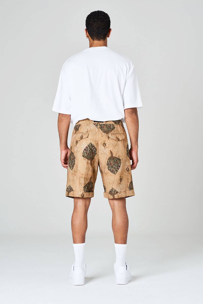 White sand Pantaloni corti in misto lino-cotone stampato con pinces e risvolto Promozione Limitata