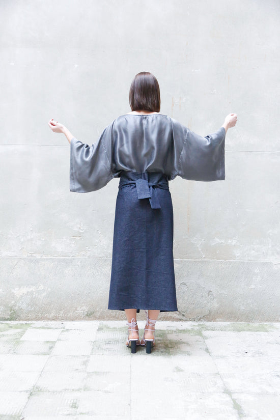 ﻿Zerobarracento Recycled Cotton Denim Wrap Midi Skirt Nuova