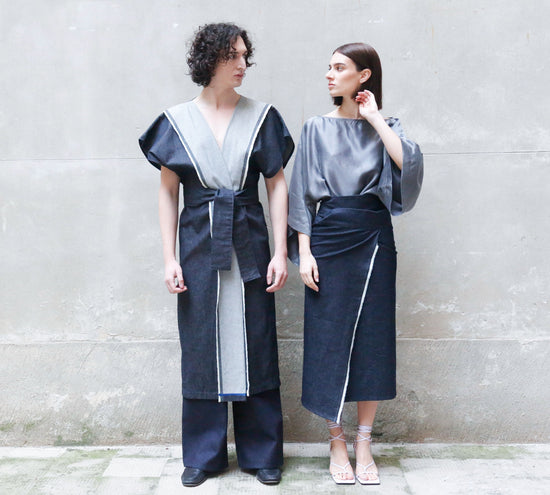 ﻿Zerobarracento Sculptural Kimono Denim in Recycled Cotton Hotsell