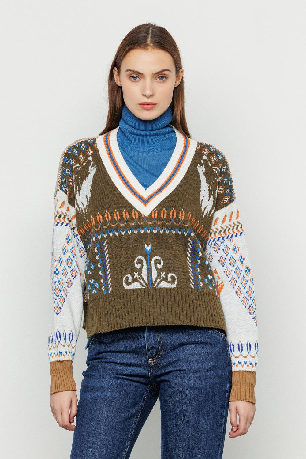 Akep MAGLIA AKEP SCOLLATURA A V TESSUTO JACQUARD E PIQUET Vendita Calda