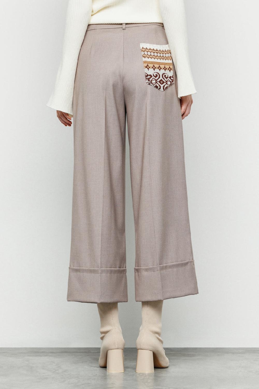 Akep PANTALONE BOOTCUT IN FRESCO LANA CON TASCA JACQUARD SUL RETRO Prezzo Ridotto