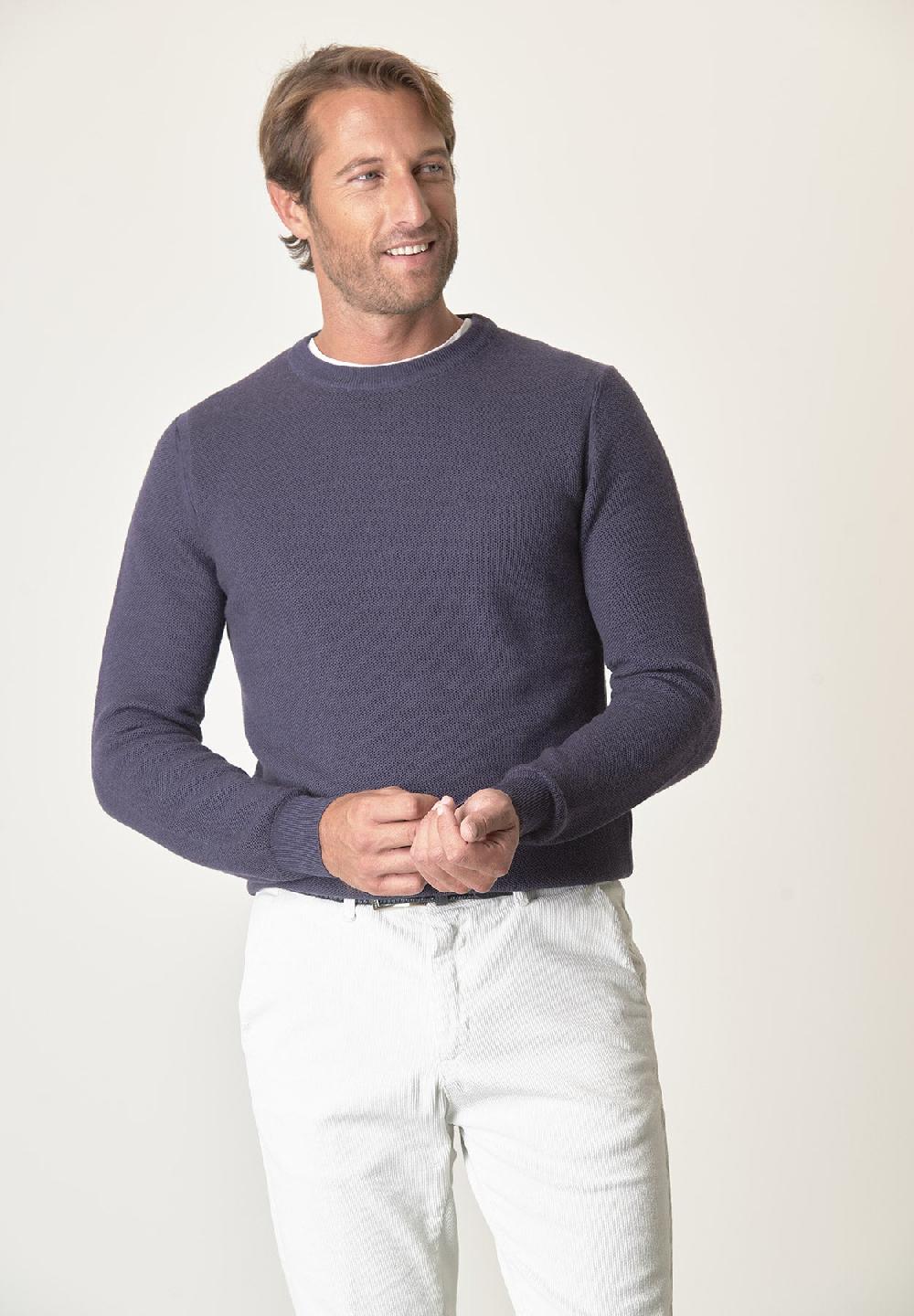 Angelico Girocollo blu nido d'ape lana merinos Outlet