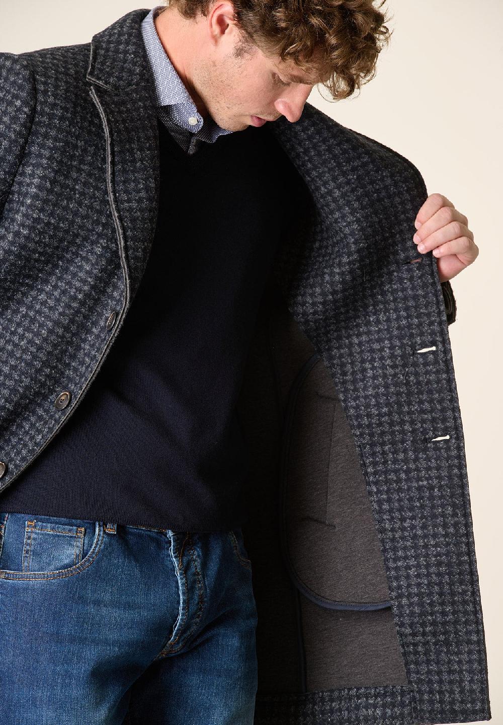 Angelico Cappotto blu grigio melange taglio vivo fantasia Pied de Poule In Saldo