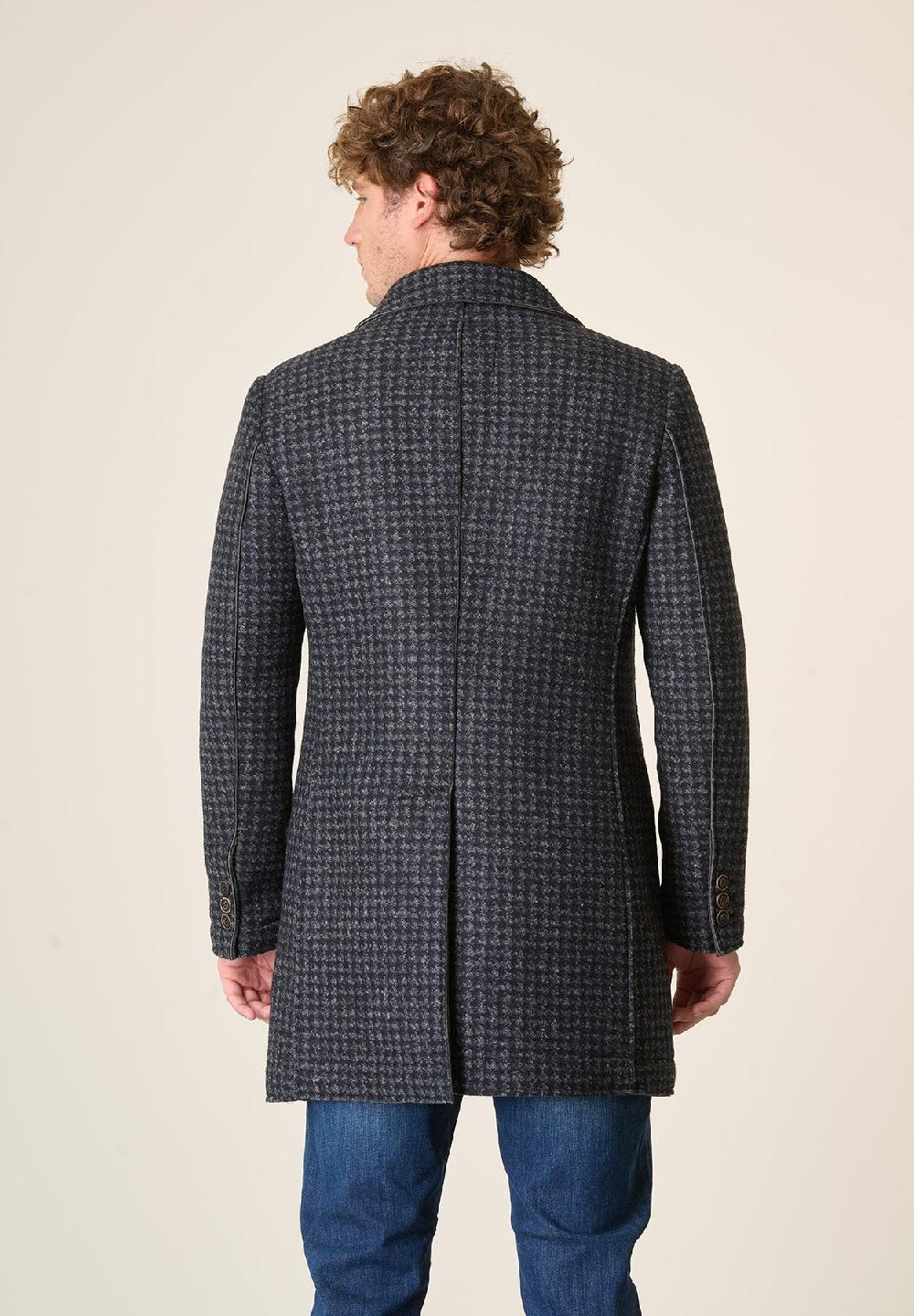 Angelico Cappotto blu grigio melange taglio vivo fantasia Pied de Poule In Saldo