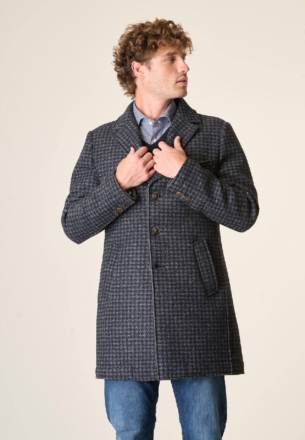 Angelico Cappotto blu grigio melange taglio vivo fantasia Pied de Poule In Saldo