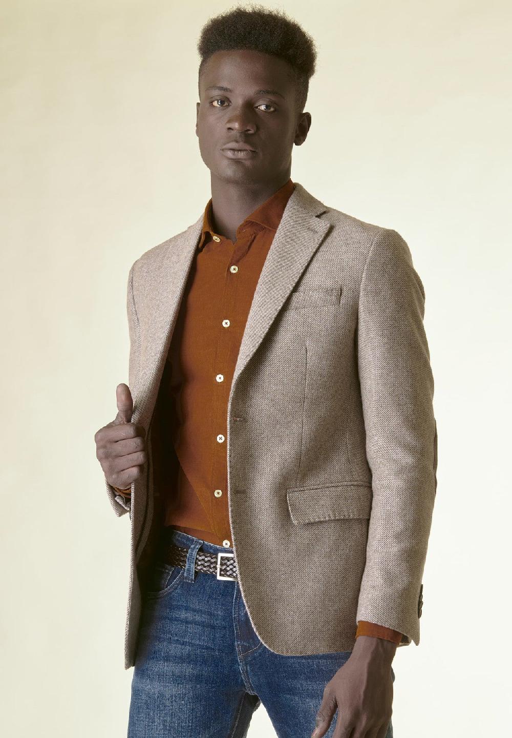 Angelico Giacca beige lana pettorina e toppe custom fit Nuova