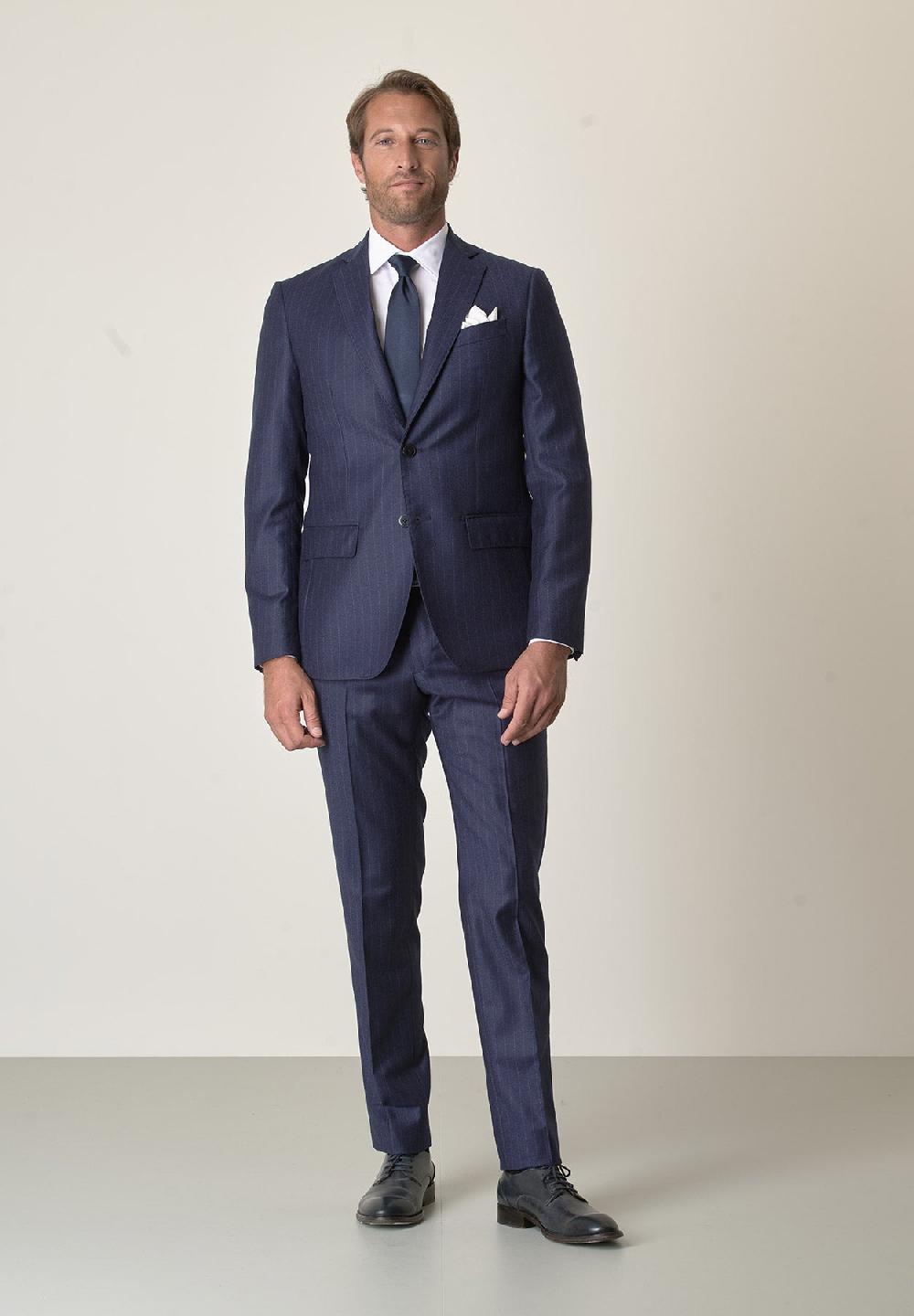 Angelico Abito blu gessato flanella lana vergine custom fit Vendita Calda
