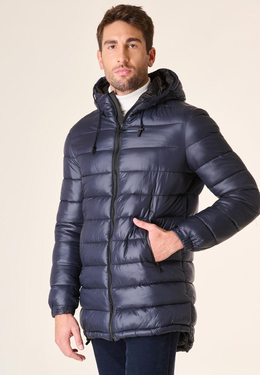 Angelico Giaccone blu lungo trapuntato cappuccio anorak Acquista Ora
