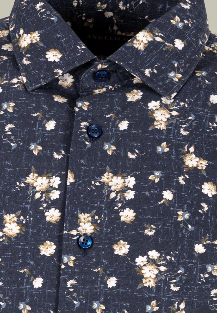 Angelico Camicia blu stampata fiori beige custom fit Sottocosto