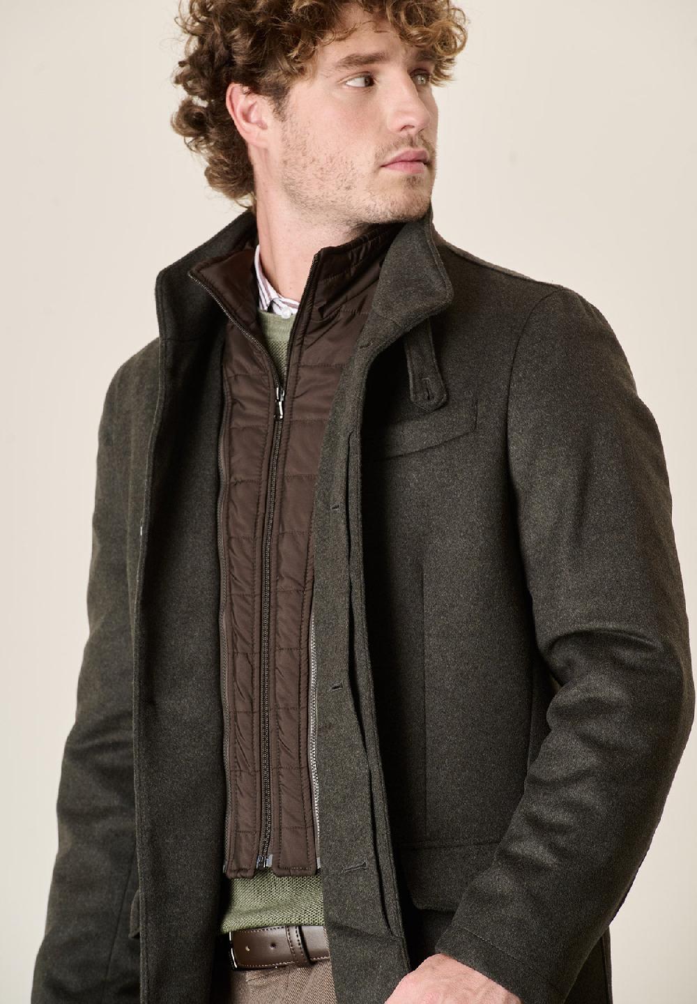 Angelico Cappotto verde misto cashmere collo coreano pettorina staccabile 2025