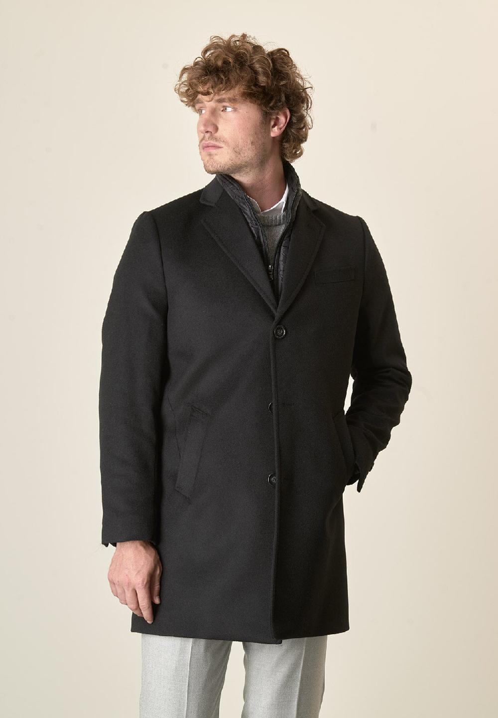 Angelico Cappotto nero misto cashmere pettorina staccabile Nuovo