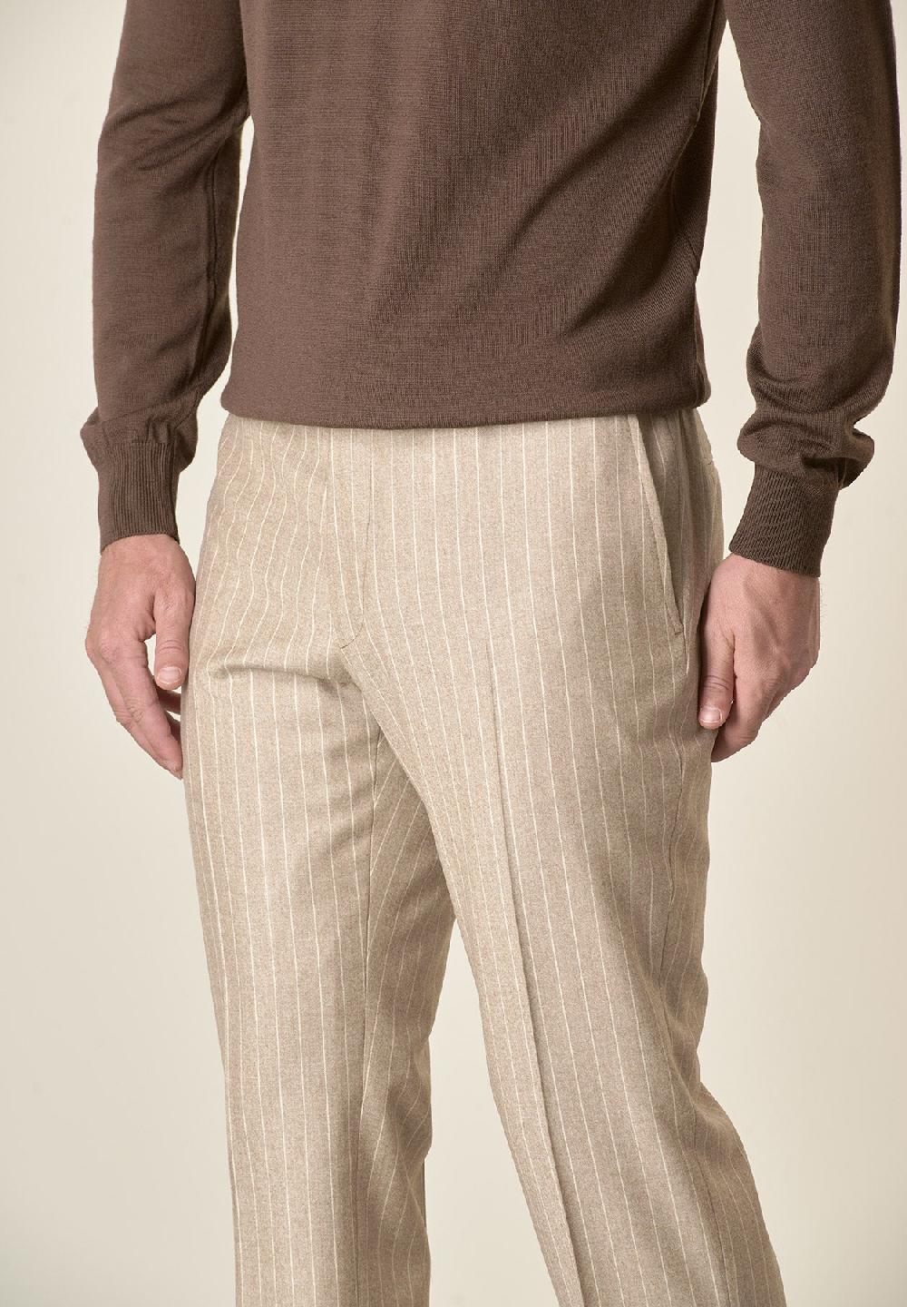 Angelico Pantalone beige gessato lana vergine custom fit Soddisfazione Garantita