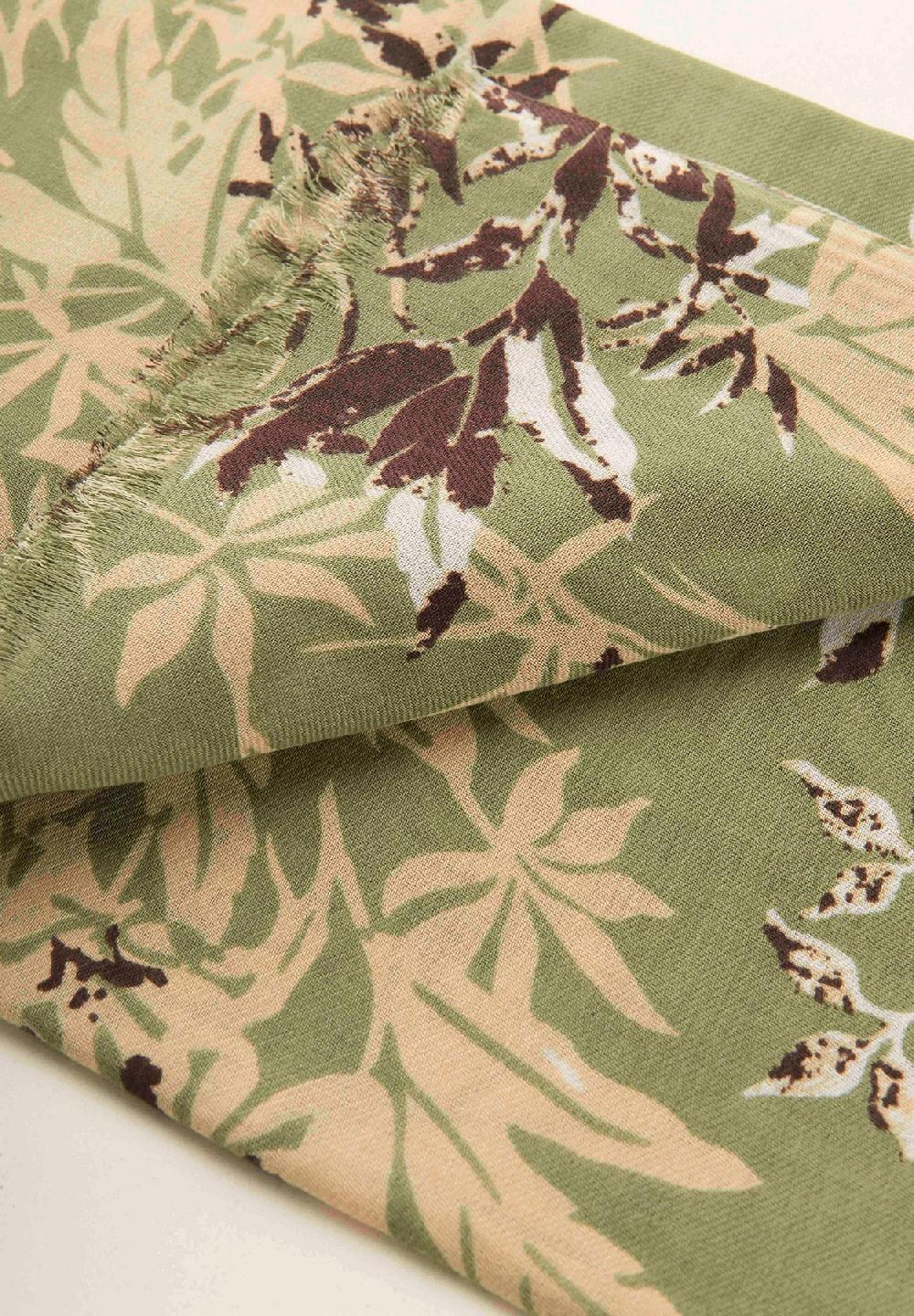 Angelico Sciarpa verde fantasia floreale lana cotone frange Vendita Economica