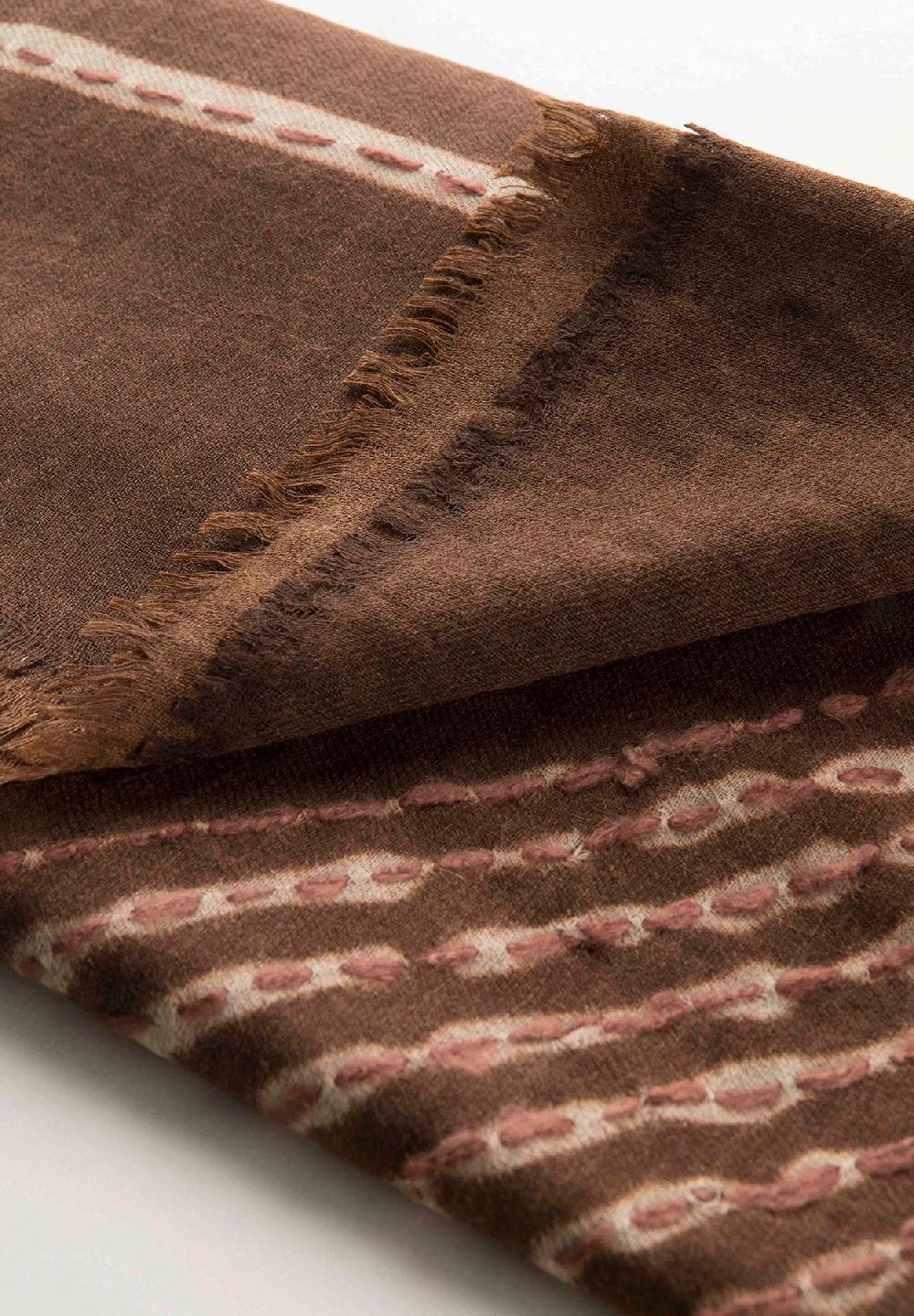 Angelico Sciarpa marrone ricamo beige lana frange Qualità