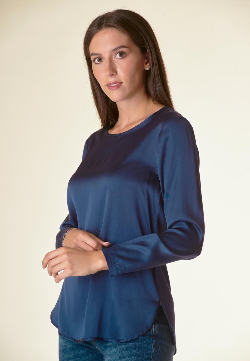 Angelico Blusa blu manica lunga raso viscosa Italia