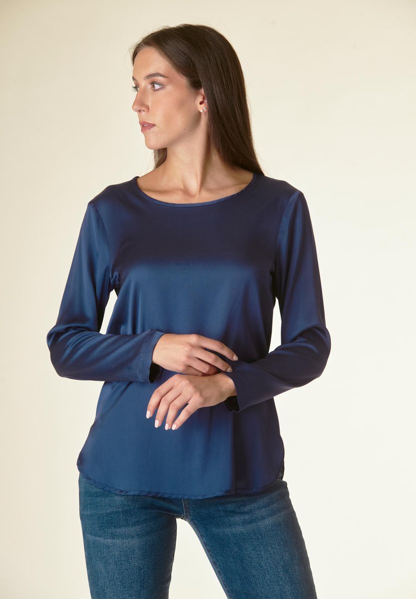 Angelico Blusa blu manica lunga raso viscosa Italia
