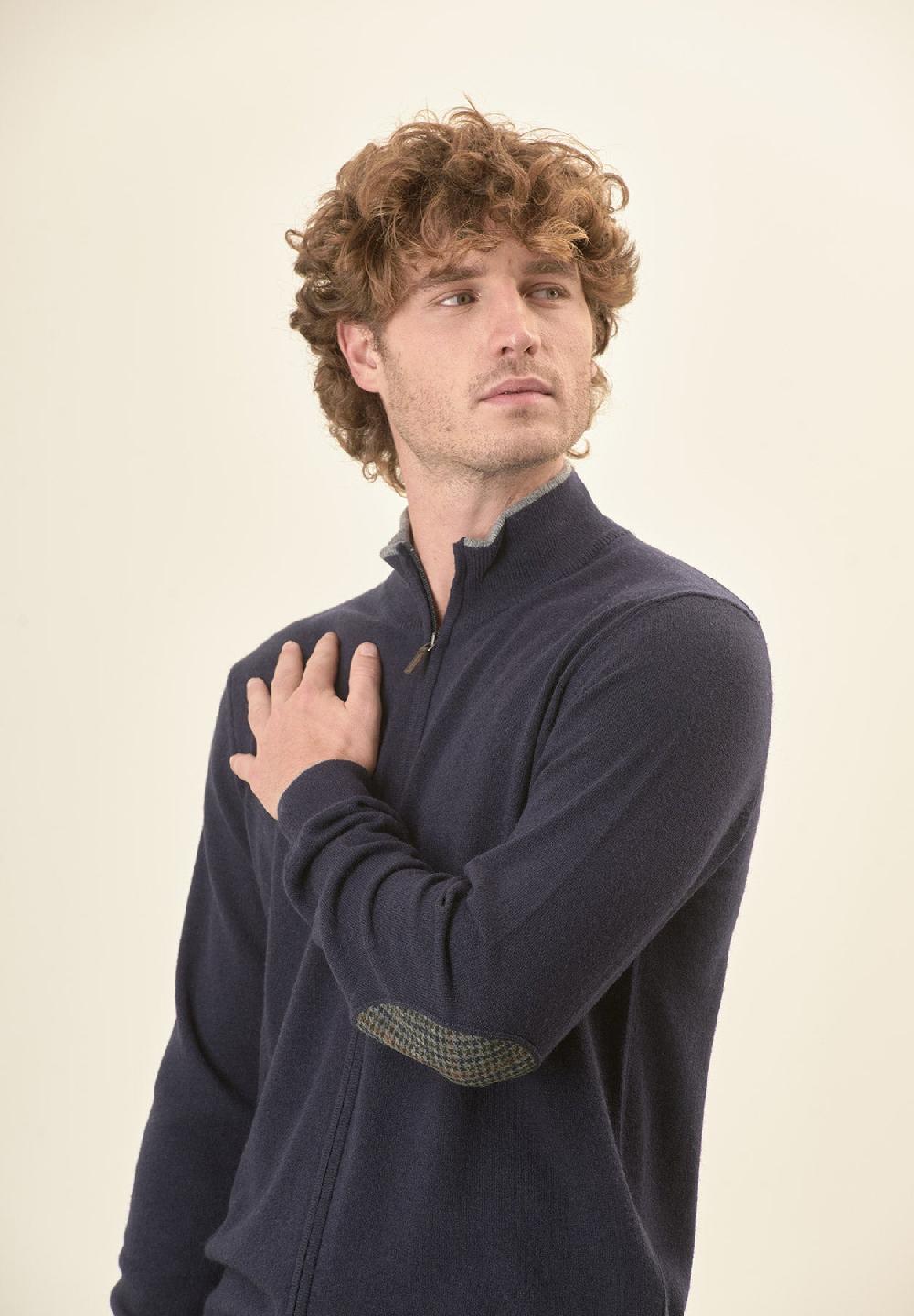 Angelico Giacca zip blu navy toppe misto cashmere Nuova