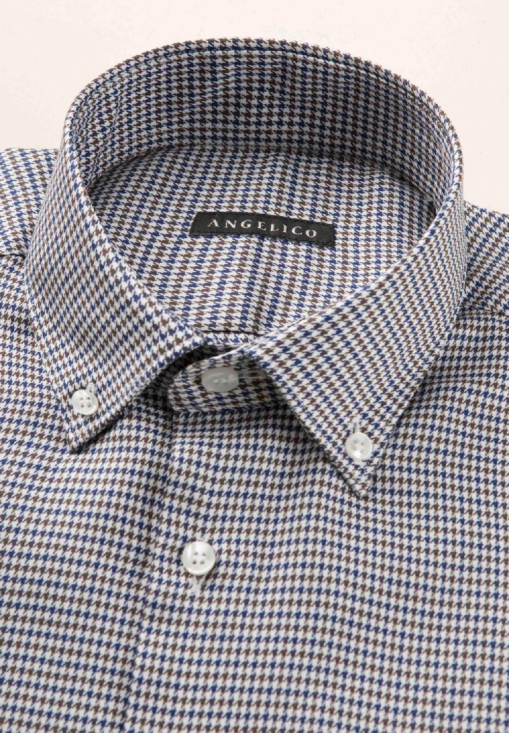 Angelico Camicia blu marrone pied de poulè cotone regular fit Affare Del Giorno