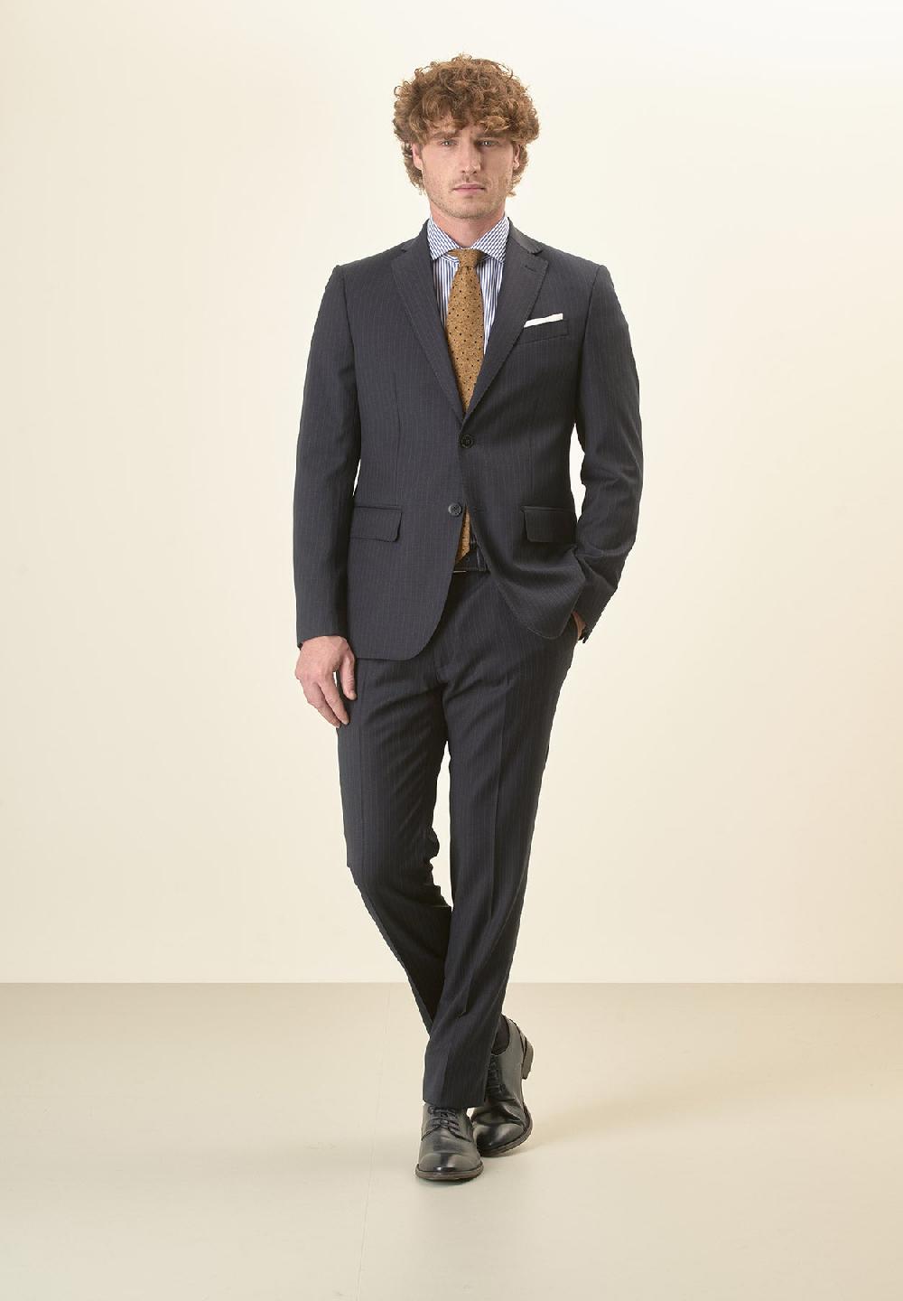 Angelico Abito blu scuro gessato lana vergine stretch custom fit Outlet