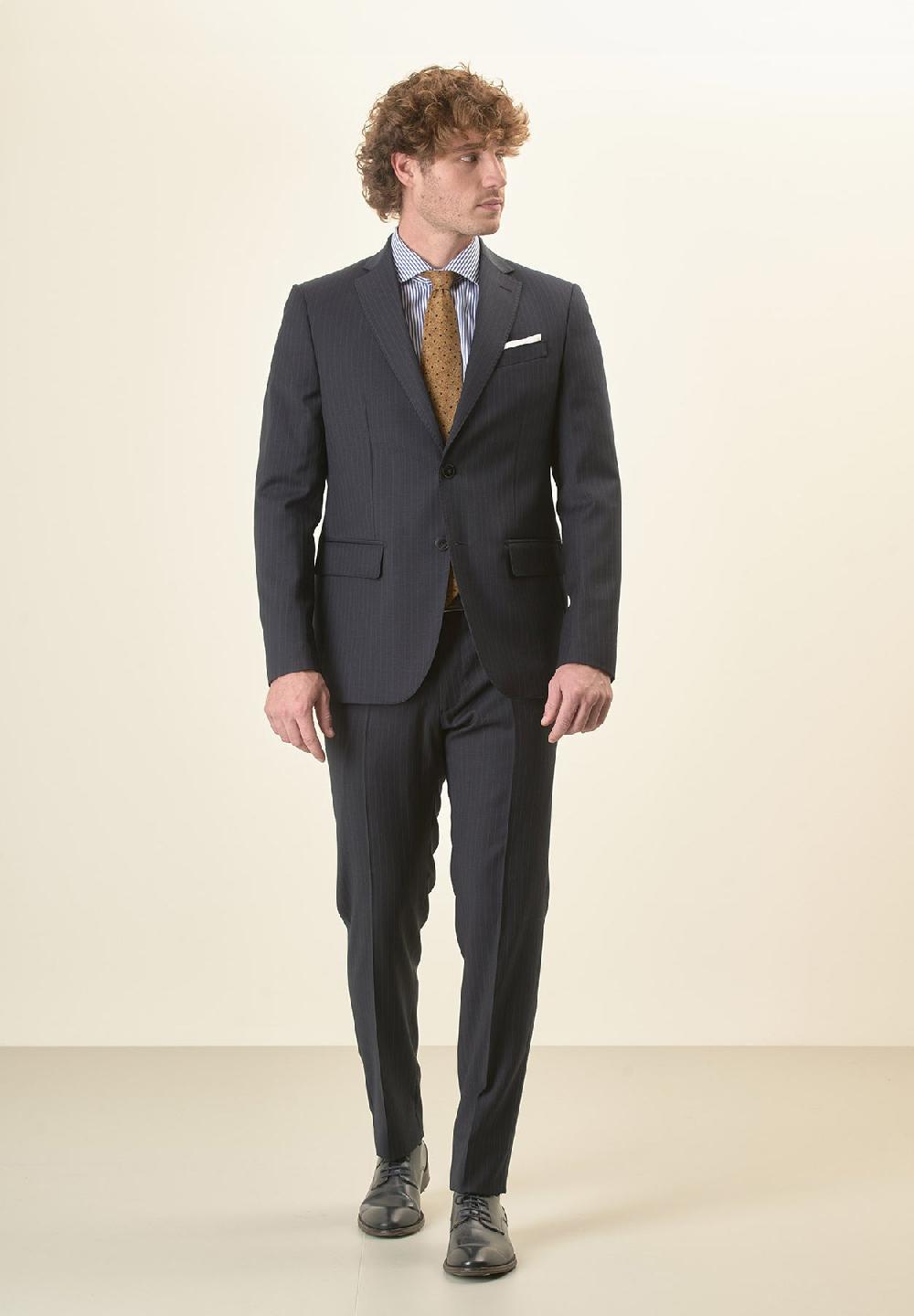 Angelico Abito blu scuro gessato lana vergine stretch custom fit lungo Italia