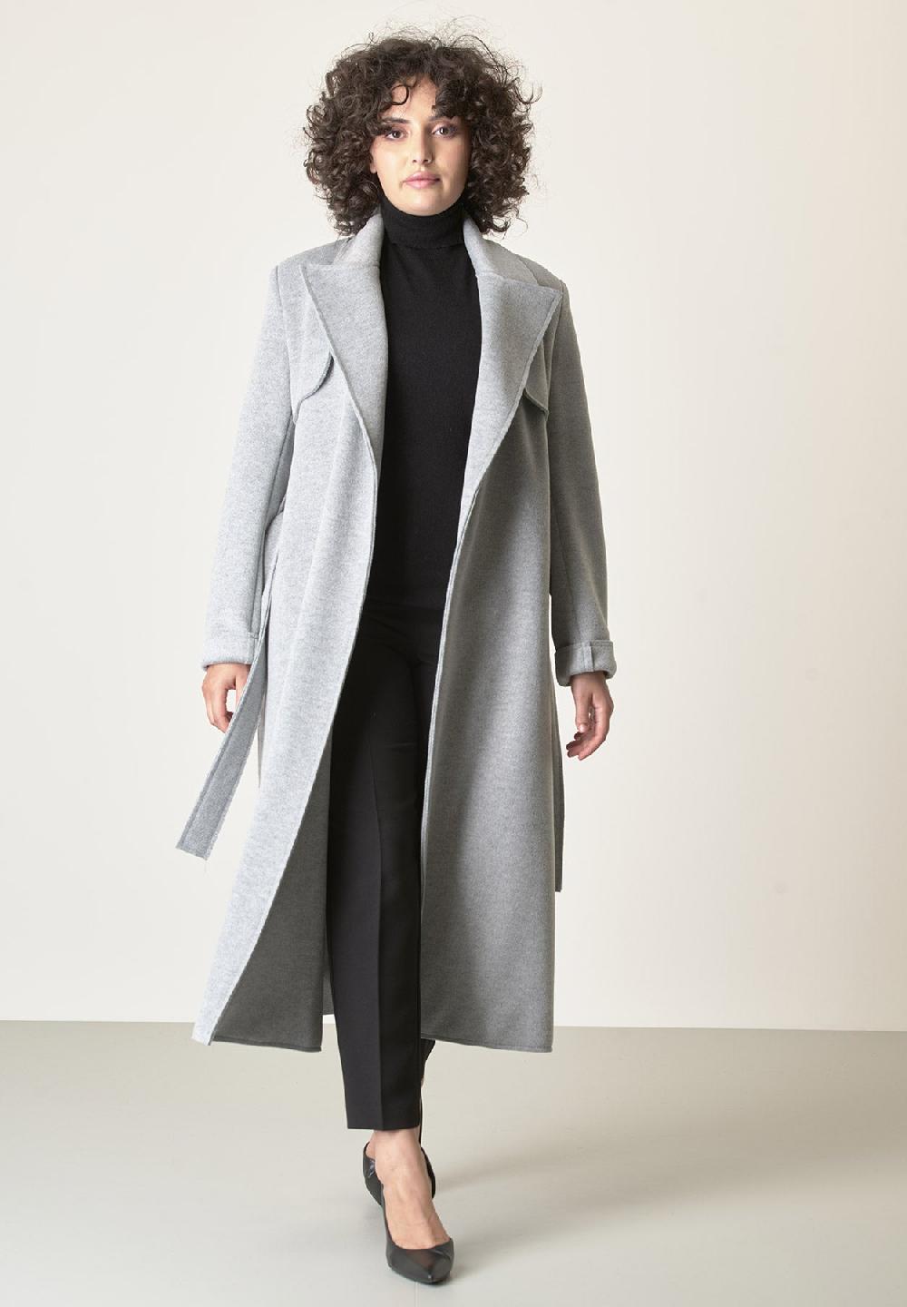 Angelico Cappotto grigio chiaro taglio vivo con cintura Soddisfazione Garantita