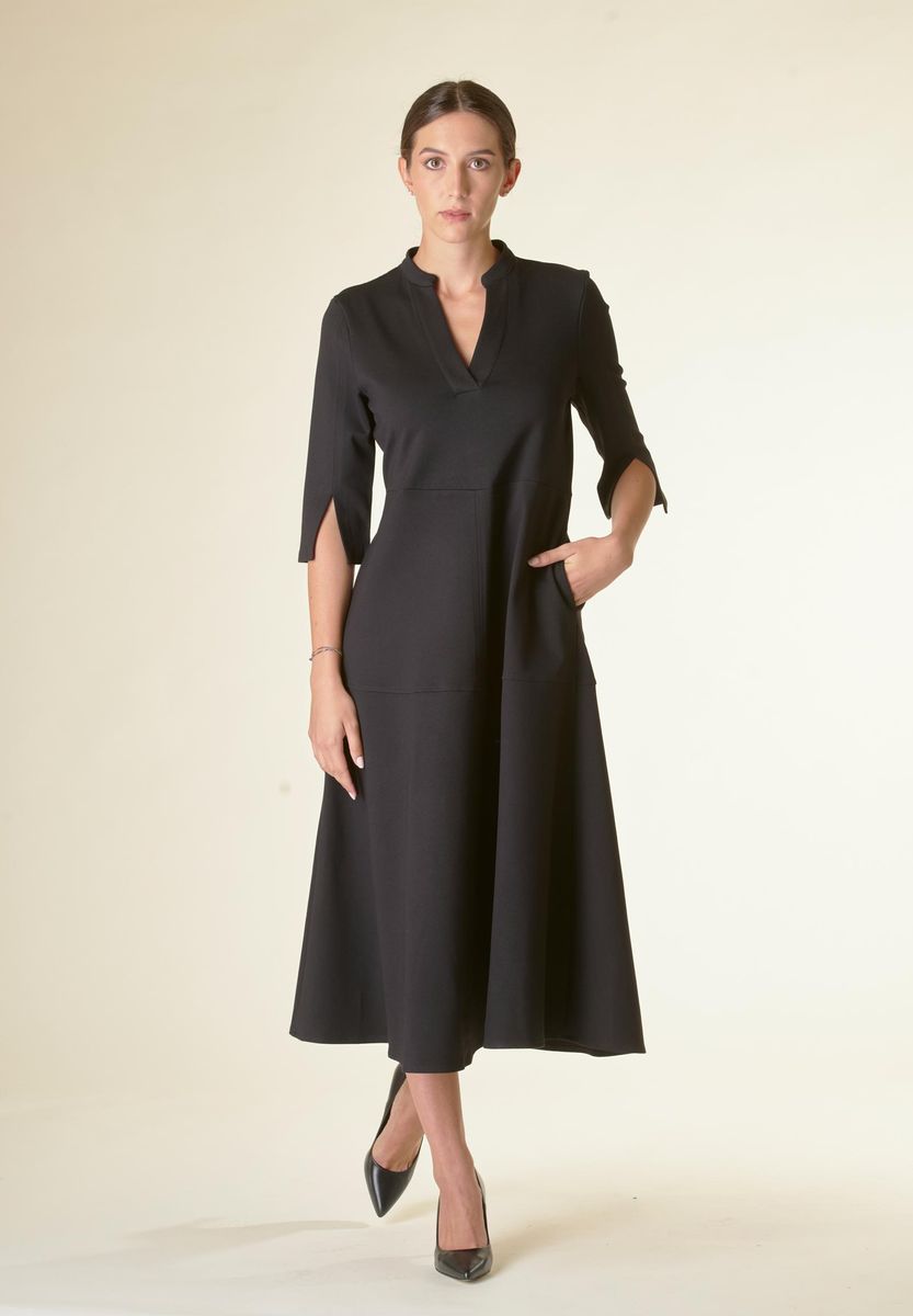 Angelico Vestito nero v midi svasato con cintura I Più Venduti