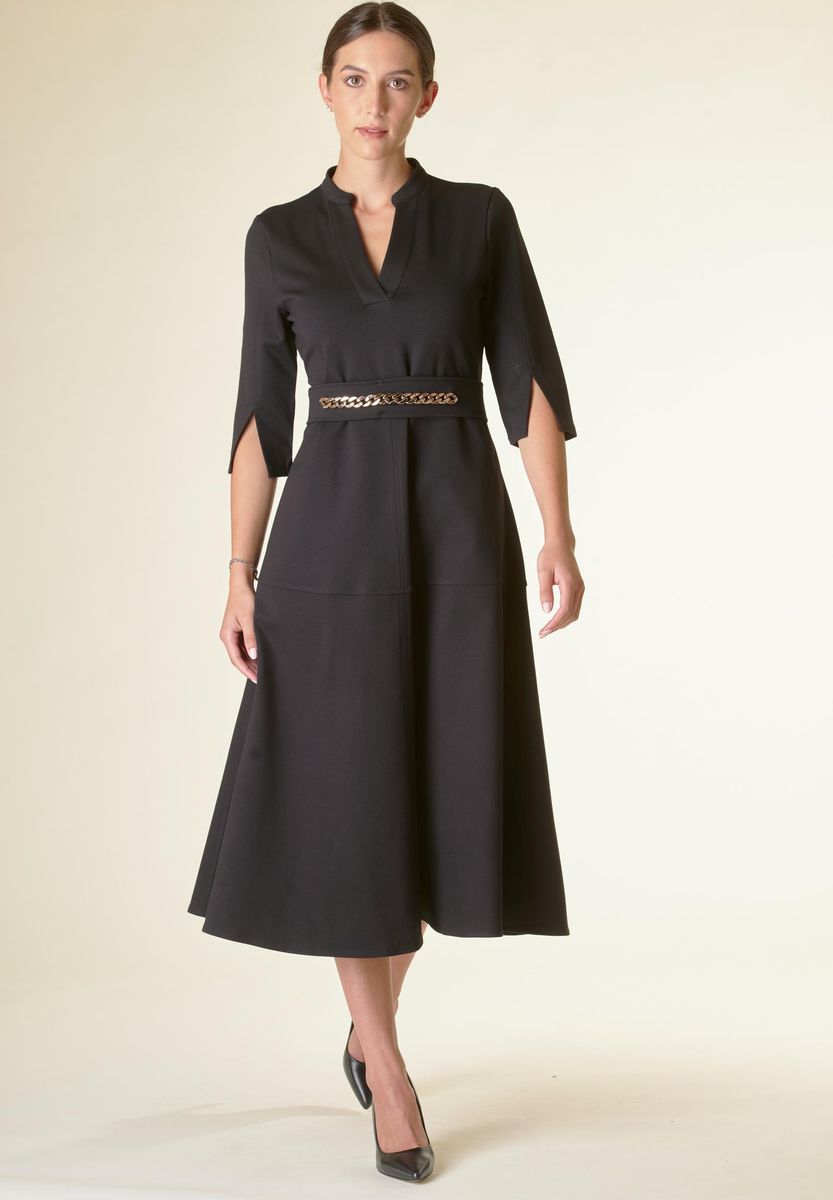 Angelico Vestito nero v midi svasato con cintura I Più Venduti