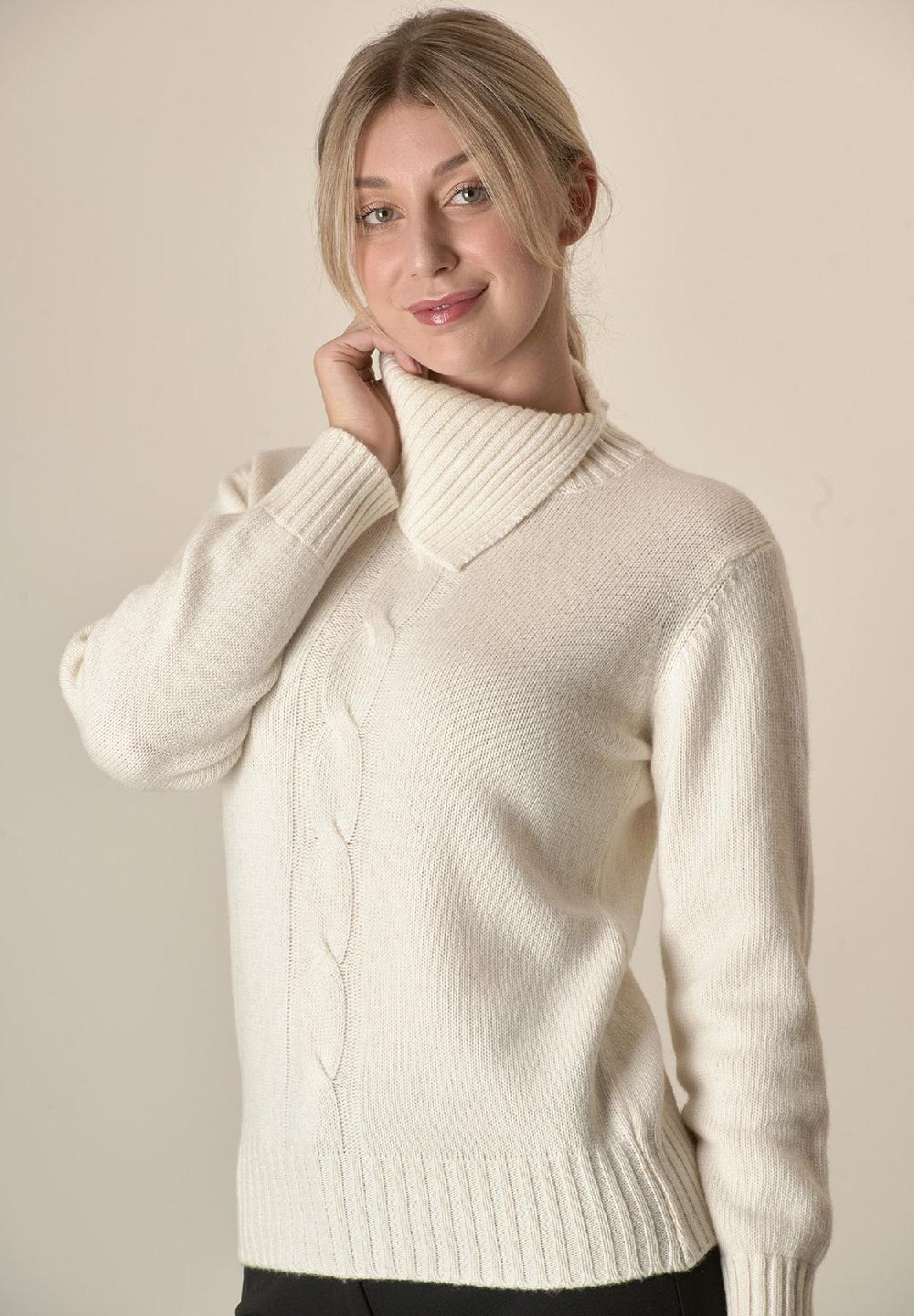Angelico Maglia panna collo spaccato treccia misto cashmere Sconto di tempo limitato