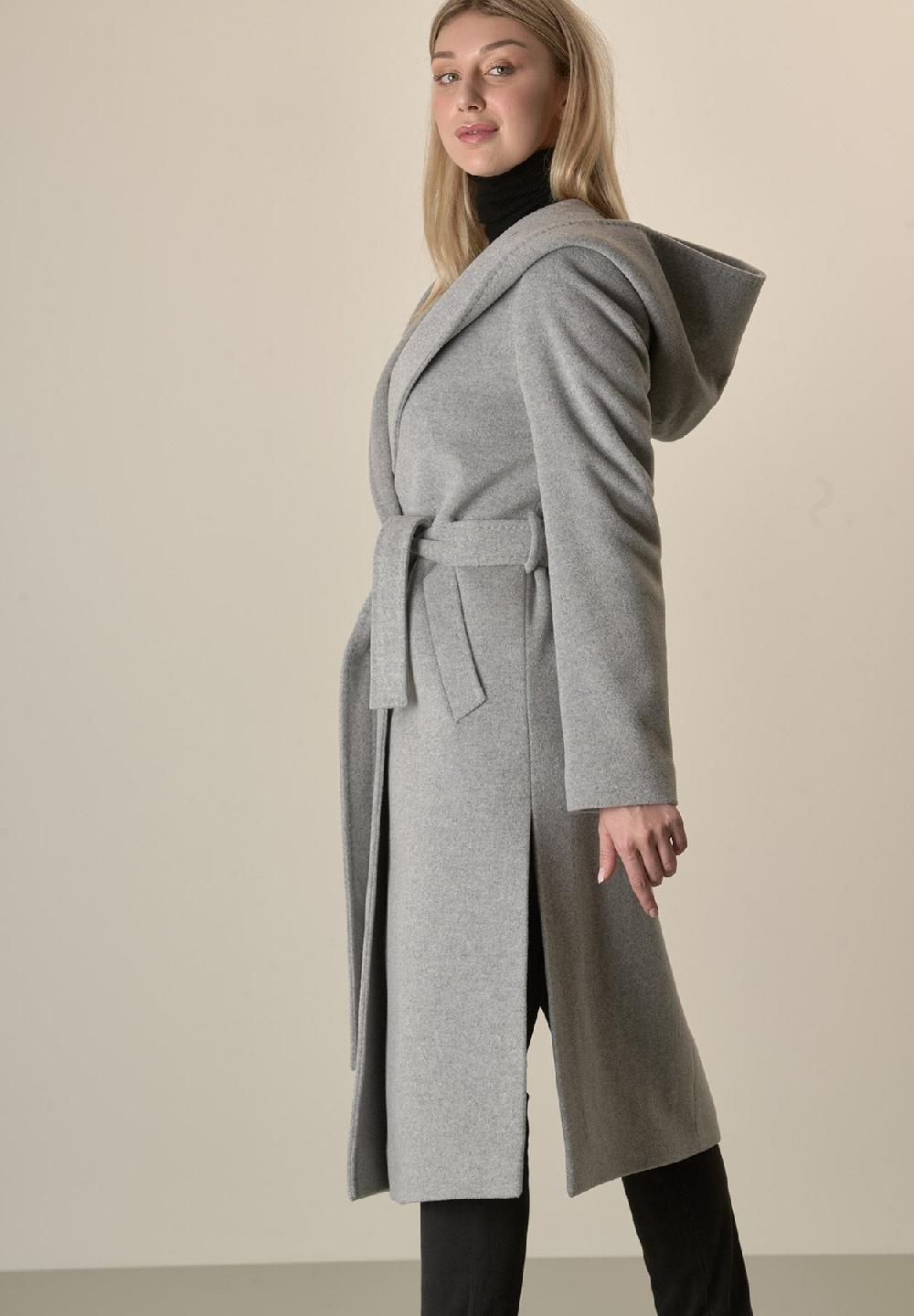 Angelico Cappotto grigio chiaro cappuccio e cintura lana cashmere Black Friday
