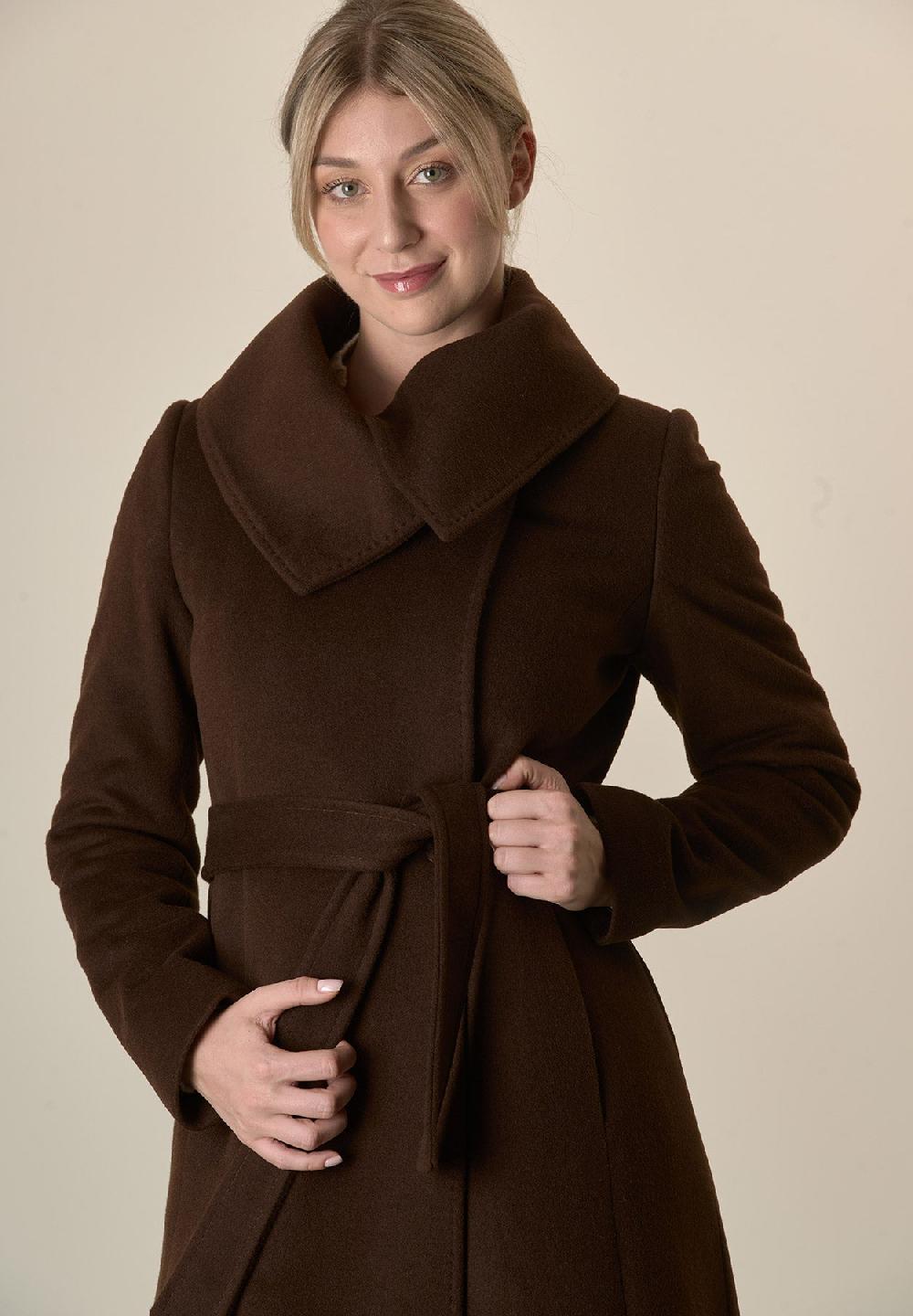 Angelico Cappotto moro collo anello e cintura lana vergine cashmere Offerta natalizia