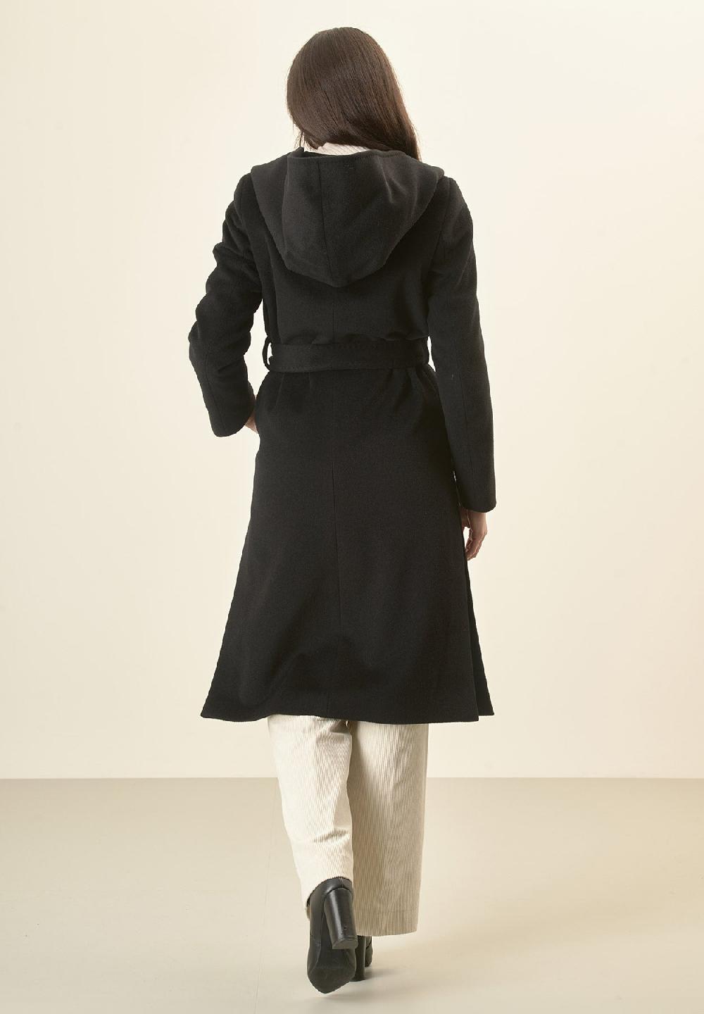Angelico Cappotto nero cappuccio e cintura lana cashmere Only for today