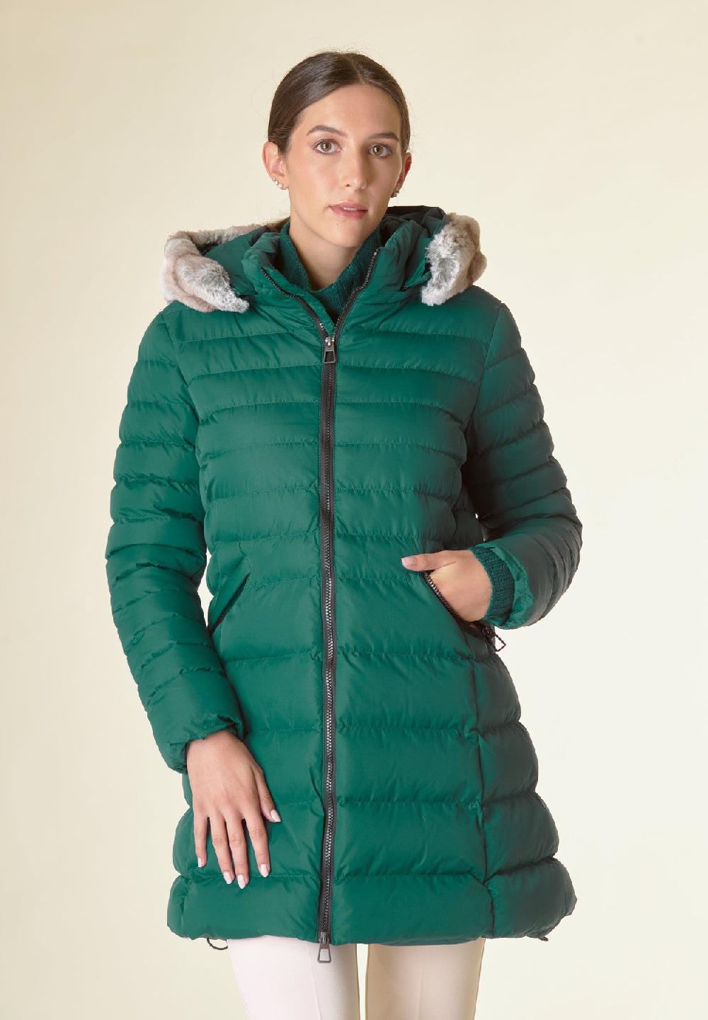 Angelico Piumino lungo verde cappuccio bordo ecopelliccia Offerte