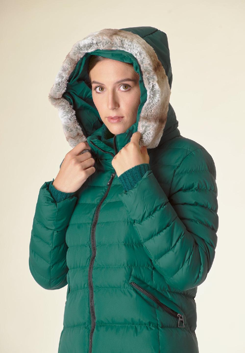 Angelico Piumino lungo verde cappuccio bordo ecopelliccia Offerte